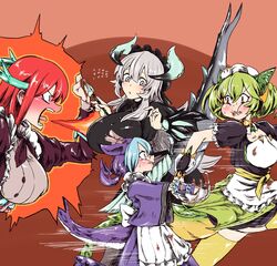  apron blue_horns chamber_dragonmaid claws colored_sclera dragon dragon_girl dragon_horns dragon_tail duel_monster green_horns green_sclera green_tail green_wings highres horns kitchen_dragonmaid lace-trimmed_apron lace_trim laundry_dragonmaid low_wings maid maid_apron maid_headdress parlor_dragonmaid tail tkool_man wings yu-gi-oh! 