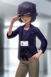  a-chan_(2nd_costume)_(hololive) a-chan_(hololive) adjusting_eyewear blazer blue_eyes blurry blurry_background bow brown_pants commentary female glasses hairbow hand_on_eyewear hand_on_own_hip hololive infi jacket lanyard looking_at_viewer name_tag office_lady official_alternate_costume open_clothes open_jacket open_mouth pants pinstripe_pattern pinstripe_shirt purple_hair purple_jacket purple_shirt shirt short_hair solo striped_clothes striped_shirt virtual_youtuber 