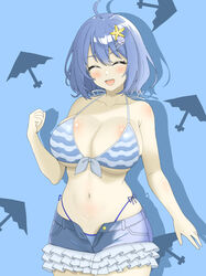  ^_^ absurdres ahoge bikini blue_background blue_bikini blue_hair breasts cleavage closed_eyes commission commissioner_upload cowboy_shot facing_viewer female hair_ornament highres large_breasts navel non-web_source open_mouth shell_hair_ornament shirokumall short_hair side-tie_bikini_bottom skeb_commission smile solo star_(symbol) starfish_hair_ornament striped_bikini striped_clothes swimsuit tatara_kogasa tatara_kogasa_(beach_umbrella_castaway) teeth touhou touhou_lostword upper_teeth_only variant_set 