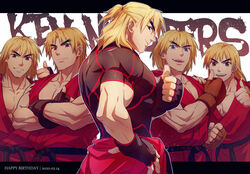  1boy age_progression aged_up black_shirt blonde_hair crossed_arms dougi forked_eyebrows headband ken_masters looking_at_viewer male_focus mature_male medium_hair muscular muscular_male pectoral_cleavage pectorals red_shirt shirt short_hair sleeveless sleeveless_shirt street_fighter taut_clothes taut_shirt thick_eyebrows thumbs_up torn_clothes torn_shirt yuiofire 