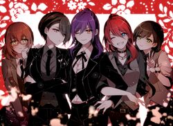  5girls :t bang_dream! belt black_choker black_hair black_necktie black_pants blue_eyes brown_hair choker collared_shirt commentary cowboy_shot crossed_arms dress_shirt floral_background glasses green_eyes grey_vest grin hair_between_eyes hair_over_shoulder hanazono_tae hand_on_another&#039;s_shoulder hand_on_own_face hand_on_own_hip head_tilt jacket jewelry light_particles locked_arms long_hair looking_at_viewer looking_to_the_side low_twintails mamaloni multiple_girls necklace necktie one_eye_closed pants pink-framed_eyewear pink_eyes ponytail purple_eyes purple_hair red-framed_eyewear red_eyes red_hair school_uniform seta_kaoru shirt short_hair smile suit_jacket symbol-only_commentary twintails udagawa_tomoe v vest yamato_maya yashio_rui 