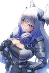  absurdres armor bare_shoulders black_gloves blue_eyes blue_hair breasts cleavage cleavage_cutout clothing_cutout cosplay ethel_(xenoblade) ethel_(xenoblade)_(cosplay) female from_below gloves grey_hair hand_on_own_chest hand_on_own_hip head_wings highres long_hair looking_at_viewer melia_antiqua multicolored_hair photoshop_(medium) shoulder_armor sidelocks siebolds_demon smile solo v-shaped_eyebrows white_background wings xenoblade_chronicles_(series) xenoblade_chronicles_3 