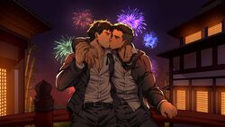  2boys alternate_facial_hair bara belt black_belt black_hair black_pants closed_eyes collared_shirt commission david_king_(dead_by_daylight) dead_by_daylight facial_hair fireworks highres holmy_(holmesdmode) jacket jake_park kissing large_pectorals male_focus multiple_boys muscular muscular_male necktie night night_sky open_clothes open_jacket outdoors pants pectorals shirt short_hair sky stubble undercut white_shirt yaoi 