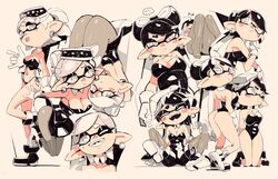  +_+ ... 2girls bare_legs bikini bikini_bottom_only black_dress black_footwear black_hair black_jumpsuit blush breasts callie_(splatoon) cleavage cousins dress earrings food food_on_head gloves grey_hair grey_legwear inkling jewelry jumpsuit knees_up long_hair marie_(splatoon) medium_breasts midriff mole mole_under_eye multiple_girls multiple_views object_on_head one_eye_closed pantyhose pointy_ears shoes short_jumpsuit sitting splatoon_(series) spoken_ellipsis standing swimsuit tentacle_hair tongue tongue_out white_eyes white_gloves yuta_agc 