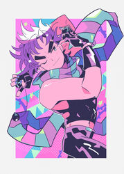  1boy absurdres arm_behind_head bare_arms bare_shoulders battle_tendency blue_eyes bola_(weapon) clacker clothing_cutout crop_top fingerless_gloves gloves gogeyama hand_up hermit_purple highres holding holding_weapon jojo_no_kimyou_na_bouken joseph_joestar_(young) light_blush light_smile looking_to_the_side male_focus midriff multicolored multicolored_clothes multicolored_scarf nail_polish navel one_eye_closed pants pose purple_hair purple_nails scarf shiny shiny_clothes short_hair sideways_glance sleeveless solo stand_(jojo) star_(symbol) striped striped_scarf symbol-shaped_pupils thick_eyebrows weapon 