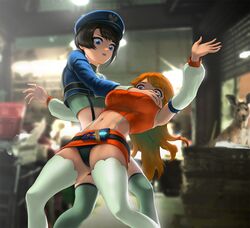  2girls black_hair black_panties blue_jacket breasts commentary detached_sleeves grabbing grabbing_another&#039;s_breast gradient_hair hat hololive hololive_english indoors infi jacket kangaroo microskirt midriff multicolored_hair multiple_girls oozora_subaru orange_hair orange_shirt orange_skirt panties peaked_cap police police_brutality police_hat shirt short_hair skirt sleeveless sleeveless_shirt suspenders takanashi_kiara takanashi_kiara_(1st_costume) thighhighs two-tone_hair undershirt underwear virtual_youtuber white_sleeves white_thighhighs 