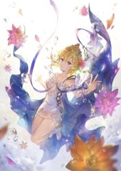  artist_name bare_shoulders blonde_hair blue_eyes boots breasts cape collarbone commentary dress europa_(granblue_fantasy) female flower full_body granblue_fantasy hair_flower hair_ornament jewelry long_hair looking_at_viewer medium_breasts parted_lips petals short_dress short_hair signature simple_background solo soriya sparkle strapless strapless_dress tiara water water_drop white_footwear 