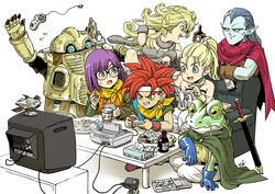  3girls 4boys :d absurdres alcohol arm_up ayla_(chrono_trigger) belt black_belt blonde_hair blue_eyes book bottle breasts cape chrono_trigger cleavage closed_mouth commentary controller couch crono_(chrono_trigger) cup disposable_cup dress drink drinking_straw ebiten_(ebi10d) english_commentary epoch flying_sweatdrops food frog_(chrono_trigger) frog_boy game_cartridge game_console game_controller gamepad glasses green_cape green_eyes grey_scarf grin happy headband highres holding holding_book holding_bottle holding_controller holding_game_controller long_hair looking_to_the_side lucca_ashtear magus_(chrono_trigger) marle_(chrono_trigger) multiple_boys multiple_girls open_book open_mouth pants playing_games pointing pointy_ears ponytail purple_hair red_hair robo_(chrono_trigger) robot scarf sheath sheathed short_hair simple_background sitting smile spiked_hair standing strapless strapless_dress super_famicom super_famicom_cartridge super_famicom_gamepad sword teeth television upper_teeth_only weapon white_background white_dress white_headband white_pants 