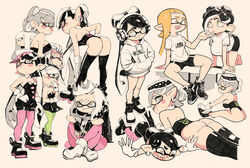  +_+ 5girls ass black_dress black_footwear black_hair black_jumpsuit black_legwear black_shorts blush breasts callie_(splatoon) drawstring dress earrings gloves green_eyes green_legwear grey_hair hands_in_pockets headphones hood hood_down hoodie inkling inkling_girl inkling_player_character jewelry jumpsuit large_breasts looking_at_viewer marie_(splatoon) multiple_girls multiple_views octoling octoling_player_character open_mouth orange_eyes pantyhose pearl_(splatoon) pointy_ears purple_legwear shirt shoes short_jumpsuit short_sleeves shorts simple_background sitting splatoon_(series) tan_background thighhighs white_footwear white_gloves white_hair white_hoodie white_shirt yellow_eyes yuta_agc 