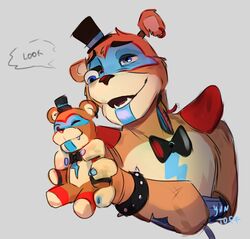  2021 animatronic anthro bear blue_eyes bodypaint bow_tie bracelet broken clothing comforting dialogue digital_media_(artwork) ear_piercing ear_ring english_text exposed_wires face_paint facial_markings five_nights_at_freddy&#039;s five_nights_at_freddy&#039;s:_security_breach front_view glamrock_freddy hat head_markings headgear headwear hi_res jewelry machine male mammal markings piercing plushie presenting ring_piercing robot robot_gore scott_cawthon scottgames smile solo spiked_bracelet spikes steel_wool_studios text top_hat unknown_artist ursine wire 