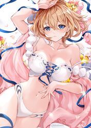  arm_up bare_arms bare_shoulders bikini blonde_hair blue_eyes blush breasts collarbone commentary_request europa_(granblue_fantasy) europa_(summer)_(granblue_fantasy) female fingernails flower granblue_fantasy hair_flower hair_ornament highres hinakisara looking_at_viewer medium_breasts navel official_alternate_costume parted_lips petals simple_background solo sparkle stomach swimsuit thighs white_background white_bikini 