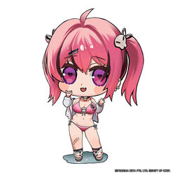  ahoge ass_visible_through_thighs bandaid bandaid_on_knee bandaid_on_leg bikini blush_stickers breasts chibi commentary ear_piercing english_commentary female front-tie_bikini_top front-tie_top full_body goddess_of_victory:_nikke hair_between_eyes hair_ornament hairclip hands_up heart heart-shaped_pupils highres jacket large_breasts long_hair long_sleeves looking_at_viewer mast_(a_pirate&#039;s_heart)_(nikke) mast_(nikke) multicolored_hair navel oerba_yun_fang official_art open_mouth piercing pink_bikini sandals side-tie_bikini_bottom skin_fang skull_and_crossbones skull_hair_ornament skull_print solo standing star_(symbol) star_print streaked_hair string_bikini swimsuit symbol-shaped_pupils totatokeke twintails white_jacket 