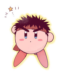  :o black_hair blue_eyes blush blush_stickers commentary_request copy_ability cosplay dougi forked_eyebrows full_body headband kirby kirby_(cosplay) kirby_(series) looking_at_viewer ryu_(street_fighter) short_hair simple_background solo spiked_hair star_(symbol) street_fighter super_smash_bros. thick_eyebrows v-shaped_eyebrows white_background yuiofire 