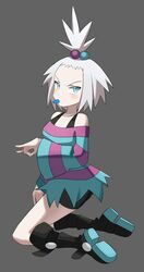  aged_up ass bike_shorts blue_eyes blush boots bra_strap breasts commission dress female flowers-imh forehead freckles grey_background hair_bobbles hair_ornament hand_gesture highres looking_at_viewer off-shoulder_dress off_shoulder plectrum plectrum_in_mouth pokemon pokemon_bw2 roxie_(pokemon) sitting small_breasts solo striped_clothes striped_dress thighs topknot white_hair 