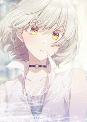  act-age bare_shoulders black_choker blurry choker collarbone female high_collar looking_at_viewer momoshiro_chiyoko parted_lips profile shirt short_hair sleeveless sleeveless_shirt solo tomari_(veryberry00) white_hair white_shirt yellow_eyes 