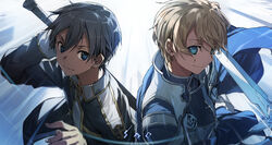  2boys armor black_eyes black_hair blonde_hair blue_armor blue_cape blue_eyes blue_flower blue_rose blue_rose_sword body_armor bunbun cape commentary_request eugeo flower highres holding holding_sword holding_weapon kirito knight multiple_boys night_sky_sword rose school_uniform short_hair shoulder_armor sword sword_art_online sword_art_online:_alicization sword_behind_back sword_mastery_academy_school_uniform unsheathed weapon weapon_behind_back 