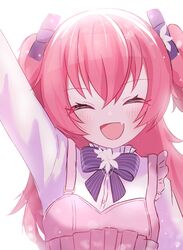  blue_bow bow closed_eyes collar commentary facing_viewer female frilled_collar frills hairbow highres long_hair momoi_airi oerba_yun_fang open_mouth pink_hair project_sekai smile solo two_side_up yasai31 