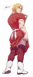  1boy black_thighhighs blonde_hair boots chinese_text clothes_lift crossdressing dress forked_eyebrows full_body highres ken_masters lifting_own_clothes looking_at_viewer male_focus muscular muscular_male navel red_dress short_hair sideburns skirt skirt_lift smirk smug solo street_fighter striped_clothes striped_thighhighs thick_eyebrows thick_thighs thighhighs thighs translation_request white_footwear yuiofire 