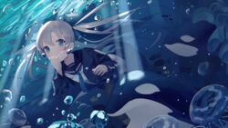  air_bubble blue_eyes bubble female grey_hair highres idemitsu long_hair looking_at_viewer neckerchief orca original pantyhose school_uniform serafuku underwater 