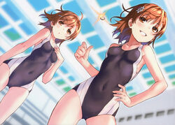  2girls :o absurdres ahoge bare_arms bare_shoulders black_one-piece_swimsuit breasts brown_eyes brown_hair coin competition_swimsuit covered_navel dutch_angle flower grin hair_flower hair_ornament hairclip hand_on_own_chest hand_on_own_hip hand_up highres medium_hair misaka_imouto misaka_mikoto multicolored_clothes multicolored_swimsuit multiple_girls non-web_source one-piece_swimsuit parted_lips photoshop_(medium) raika9 scan siblings sisters small_breasts smile stitched swimsuit third-party_edit toaru_kagaku_no_railgun toaru_majutsu_no_index tokiwadai_school_swimsuit twitter_username white_flower 