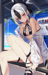  bikini black_bikini black_hair blue_archive blush breasts choker demon_horns e_buki female hair_between_eyes halo highres horns kayoko_(blue_archive) long_hair looking_at_viewer multicolored_hair ponytail red_eyes see-through shirt small_breasts solo swimsuit teeth thigh_strap two-tone_hair wet white_hair white_shirt 