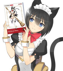  animal_ears black_hair blue_eyes bow breasts cat_ears cat_tail character_name closed_mouth commentary_request copyright_name dress female guilty_princess hair_ornament highres holding logo maid maid_headdress maidroid_miao max_factory medium_breasts nendoroid puffy_short_sleeves puffy_sleeves short_hair short_sleeves simple_background smile solo tail tony_taka upper_body white_background wrist_cuffs 