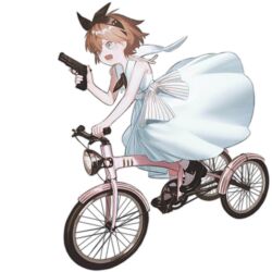  aged_down aqua_dress aqua_eyes bicycle black_bow black_footwear black_hairband bow brown_hair browning_hi-power dress female full_body girls&#039;_frontline gun hairband hairbow handgun headlight holding holding_gun holding_weapon hp-35_(girls&#039;_frontline) hp-35_(little_glider)_(girls&#039;_frontline) lower_teeth_only official_alternate_costume official_art open_mouth reoen riding riding_bicycle shoes short_hair simple_background sitting sleeveless sleeveless_dress socks solo teeth third-party_source transparent_background tricycle weapon white_socks 