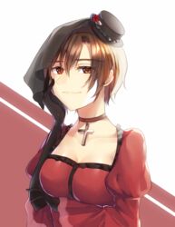  aryuma772 banica_conchita black_gloves black_hat breasts brown_eyes brown_hair chaban_capriccio_(vocaloid) cleavage closed_mouth collarbone commentary cross cross_necklace dress elbow_gloves evillious_nendaiki female flower gloves hair_between_eyes hat hat_flower highres jewelry long_sleeves master_of_the_graveyard_(vocaloid) medium_breasts meiko_(vocaloid) mini_hat necklace red_background red_dress red_flower rose short_hair smile solo two-tone_background upper_body veil vocaloid white_background 