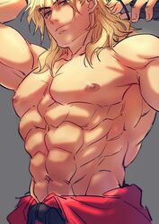  1boy abs absurdres alternate_hair_length alternate_hairstyle bad_id bad_twitter_id bara blonde_hair clothes_down dougi forked_eyebrows highres ken_masters large_pectorals looking_at_viewer male_focus mature_male medium_hair muscular muscular_male navel nipples open_clothes open_shirt pectorals smile solo stomach street_fighter thick_eyebrows topless_male yuiofire 