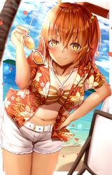  absurdres belt bikini breasts day fate/grand_order fate_(series) female fujimaru_ritsuka_(female) fujimaru_ritsuka_(female)_(brilliant_summer) fujimaru_ritsuka_(female)_(tropical_summer) hair_ornament hair_scrunchie hawaiian_shirt highres holding holding_removed_eyewear large_breasts navel o-ring o-ring_bikini o-ring_top official_alternate_costume one_side_up open_clothes open_shirt orange_bikini orange_eyes orange_hair orange_scrunchie outdoors ruri_rarako scrunchie shirt shirt_tan short_shorts short_sleeves shorts solo striped_bikini striped_clothes sunglasses swimsuit tan tanlines toukan unworn_eyewear white_belt white_shorts 