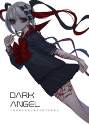  black_bow black_hair black_serafuku black_shirt black_skirt bleeding blood blue_eyes blue_hair bow boxcutter chouzetsusaikawa_tenshi-chan chouzetsusaikawa_tenshi-chan_(dark_angel) closed_mouth cuts cutting dark_persona dutch_angle female frown hairbow hand_up highres holding holding_boxcutter imminent_suicide injury lastdark long_hair long_sleeves looking_to_the_side multicolored_hair needy_girl_overdose pink_hair pleated_skirt quad_tails red_bow red_hair red_sailor_collar sailor_collar school_uniform self-harm self-harm_scar serafuku shirt simple_background skirt solo standing twintails very_long_hair white_background white_hair wrist_cutting 