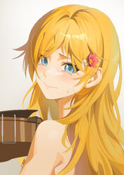  absurdres bare_shoulders blonde_hair blue_eyes closed_mouth crying crying_with_eyes_open female from_side grey_background hair_intakes hair_ornament hairclip henz highres long_hair miyazono_kawori shigatsu_wa_kimi_no_uso smile solo straight_hair tears upper_body 