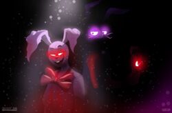  2020 abstract_background anthro big_bow_tie big_ears big_pupils big_teeth black_background black_eyebrows bow_tie breasts buckteeth calesote514 clothed clothing dilated_pupils duo eyebrows eyelashes female five_nights_at_freddy&#039;s five_nights_at_freddy&#039;s:_security_breach glitchtrap glowing half-closed_eyes hi_res lagomorph leporid light long_ears long_whiskers looking_aside male mammal narrowed_eyes open_mouth pink_tongue pupils purple_eyes rabbit raised_eyebrows red_eyes scottgames signature simple_background size_difference smile standing steel_wool_studios teeth tongue topwear vanny_(fnaf) vest whiskers white_body 