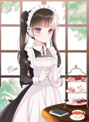  amick_(americanomix) apron black_hair blunt_bangs book closed_mouth commentary_request cup female holding holding_teapot juliet_sleeves light_blush long_hair long_sleeves maid maid_apron maid_headdress original puffy_sleeves purple_eyes solo table teacup teapot twintails upper_body 