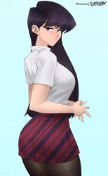  artist_name ass back black_hair breasts cowboy_shot curvy female flytrapxx highres itan_private_high_school_uniform komi-san_wa_komyushou_desu komi_shouko large_breasts long_hair looking_at_viewer looking_back pantyhose patreon_logo patreon_username school_uniform shirt simple_background skirt solo thighs 