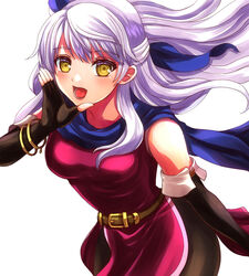  :d bangle bare_shoulders belt black_gloves black_pantyhose blue_scarf blush boots bracelet collarbone dress elbow_gloves female fingerless_gloves fire_emblem fire_emblem:_radiant_dawn gloves grey_hair hair_ribbon half_updo jewelry long_hair looking_at_viewer micaiah_(fire_emblem) open_mouth pantyhose ribbon scarf side_slit simple_background sleeveless sleeveless_dress smile solo white_background yellow_eyes yozu_(yozu0420) 