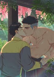  2boys absurdres bara black_hair blush closed_eyes commission david_king_(dead_by_daylight) day dead_by_daylight flower grey_jacket highres jacket jake_park kissing large_pectorals looking_at_another male_focus multicolored_clothes multicolored_jacket multiple_boys muscular muscular_male outdoors pectorals pink_flower punim410 scar scar_across_eye scar_on_face short_hair sideburns topless_male two-tone_jacket undercut yaoi yellow_jacket 