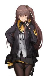  armband black_gloves black_jacket black_pantyhose black_skirt brown_eyes brown_hair cero_(last2stage) female finger_to_eye fingerless_gloves girls&#039;_frontline gloves hair_tie highres index_finger_raised jacket korean_commentary long_hair looking_at_viewer one_side_up pantyhose scar scar_across_eye scar_on_face shirt simple_background skirt smile solo ump45_(girls&#039;_frontline) white_background white_shirt yellow_armband 