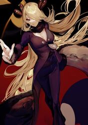  albino_(a1b1n0623) black_coat black_pants blonde_hair breasts cleavage closed_mouth coat cynthia_(pokemon) eyelashes female fur-trimmed_coat fur_collar fur_trim grey_eyes hair_over_one_eye highres large_breasts long_hair pants pokemon pokemon_dppt smile solo very_long_hair 