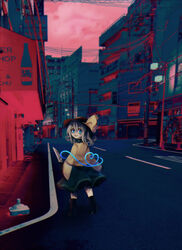  black_footwear black_hat blouse blue_eyes boots building city commentary female frilled_shirt_collar frilled_skirt frilled_sleeves frills from_behind fua_yuu green_hair green_skirt hair_between_eyes hat hat_ribbon heart heart_of_string highres holding holding_knife knife komeiji_koishi lamp long_sleeves looking_at_viewer looking_back medium_hair parted_lips photo_background ribbon road shirt shop skirt sly smile solo standing touhou utility_pole wide_shot wide_sleeves window yellow_ribbon yellow_shirt 