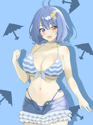  :d absurdres ahoge bikini blue_background blue_bikini blue_eyes blue_hair breasts cleavage commission commissioner_upload cowboy_shot female hair_ornament heterochromia highres large_breasts looking_at_viewer navel non-web_source open_mouth red_eyes shell_hair_ornament shirokumall short_hair side-tie_bikini_bottom skeb_commission smile solo star_(symbol) starfish_hair_ornament striped_bikini striped_clothes swimsuit tatara_kogasa tatara_kogasa_(beach_umbrella_castaway) teeth touhou touhou_lostword umbrella upper_teeth_only variant_set 