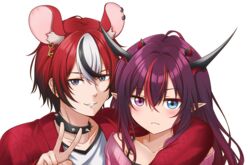  1boy absurdres alternate_costume animal_ears black_hair blue_eyes choker female genderswap_(ftm) hakos_baelz hayko heterochromia highres hololive hololive_english horns irys_(hololive) jan_azure long_hair mouse_boy mouse_ears multicolored_hair pointy_ears purple_eyes purple_hair red_hair rule_63 spiked_choker spikes v virtual_youtuber white_hair 