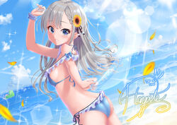  ass beach bikini blue_bikini blue_eyes blue_sky braid braided_bangs clip_studio_paint_(medium) cloud cowboy_shot day dutch_angle female flower frilled_bikini frills grey_hair hair_flower hair_ornament higashikata_kou highres hisakawa_hayate horizon idolmaster idolmaster_cinderella_girls lens_flare long_hair looking_at_viewer outdoors photoshop_(medium) side-tie_bikini_bottom signature sky solo sparkle sunflower swimsuit 