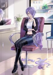  absurdres alternate_hairstyle barber_chair belt black_shirt boots breasts camilla_(fire_emblem) car crop_top crossed_ankles crossed_arms crossed_legs denim female fire_emblem fire_emblem_fates flower hair_salon highres jeans large_breasts looking_at_viewer midriff mirror motor_vehicle navel neck open_clothes pants purple_eyes purple_hair reflection road severed_hair shirt short_hair sitting smile solo street suprii thigh_boots v-neck vase white_flower window 