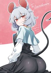  absurdres animal_ears ass black_dress capelet closed_mouth commentary commission dress english_commentary female from_behind grey_capelet grey_hair highres long_sleeves looking_at_viewer mouse_ears mouse_girl mouse_tail nazrin red_eyes scavia10 second-party_source short_hair signature sitting skeb_commission smile tail touhou 