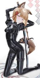  absurdres animal_ear_fluff animal_ears ankle_cuffs arm_cuffs arms_up black_bodysuit blonde_hair bob_cut bodysuit breasts collar female granblue_fantasy half-closed_eyes highres holding holding_sword holding_weapon kneeling latex latex_bodysuit looking_at_viewer saaal653 shiny_clothes short_hair shrug_(clothing) skin_tight small_breasts solo sword tail vajra_(granblue_fantasy) weapon wrist_cuffs yellow_eyes 