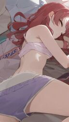  bra breasts closed_eyes clothes_pull female gakuen_idolmaster hanami_saki highres hiroki_(yyqw7151) idolmaster lying medium_breasts medium_hair on_side panties pink_bra purple_shorts red_hair shorts shorts_pull sleeping solo underwear 