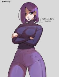  breasts crossed_arms duolingo english_commentary eyeshadow female grey_background grey_eyes highres large_breasts lily_(duolingo) makeup mixed-language_commentary pants purple_eyeshadow purple_hair purple_lips purple_pants purple_sweater roxxxan simple_background solo sweater sweater_tucked_in turtleneck turtleneck_sweater 