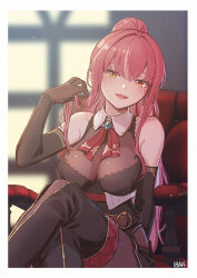  a-ka bare_shoulders blurry blurry_background border breasts cleavage commentary_request crossed_legs female gloves heterochromia high_ponytail highres hololive houshou_marine houshou_marine_(marching_band) large_breasts long_hair red_eyes red_hair see-through_cleavage see-through_clothes sitting solo virtual_youtuber white_border yellow_eyes 