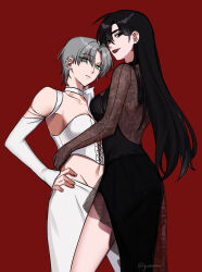  2girls absurdres alien_stage aqua_eyes black_dress black_hair borrowed_design breasts choker commentary corset detached_sleeves dress ear_piercing earrings feet_out_of_frame genderswap_(mtf) grey_hair hand_on_another&#039;s_waist hand_on_own_hip hashtag-only_commentary highres ivan_(alien_stage) jewelry lace_dress long_hair looking_at_viewer midriff multiple_girls oerba_yun_fang open_mouth pants parted_lips piercing red_background red_lips rule_63 short_hair simple_background sleeves_past_wrists till_(alien_stage) twitter_username very_long_hair white_choker white_corset white_pants white_sleeves yuri yuureimiru 